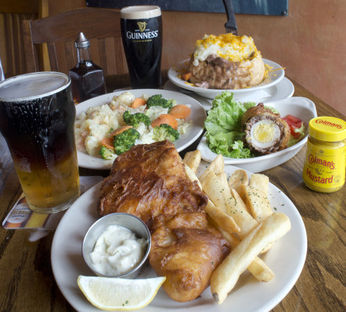 The Irish Rover signature dishes Fish and ChipsBangers and MashShepherd's PieGuinness Stew